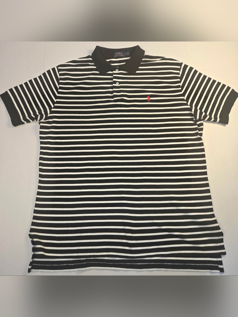 Ralph Lauren Black & White Striped Polo with Red Pony